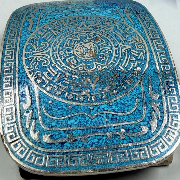 Taxco Signed Turquoise Stone Chip Vintage Belt Buckle - Picture 5 of 10